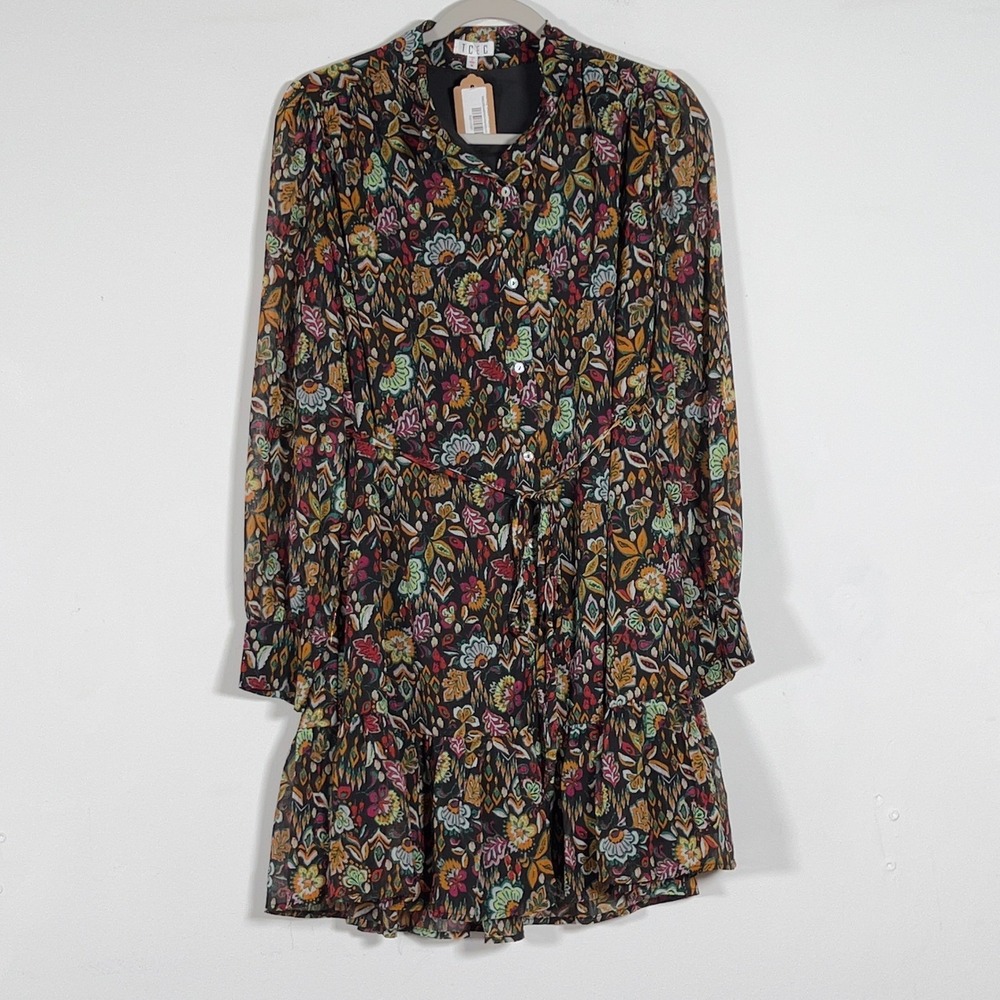 TCEC Mendy Tiered Button Up Mini Dress Womens Sz M Black Floral Long Sleeve